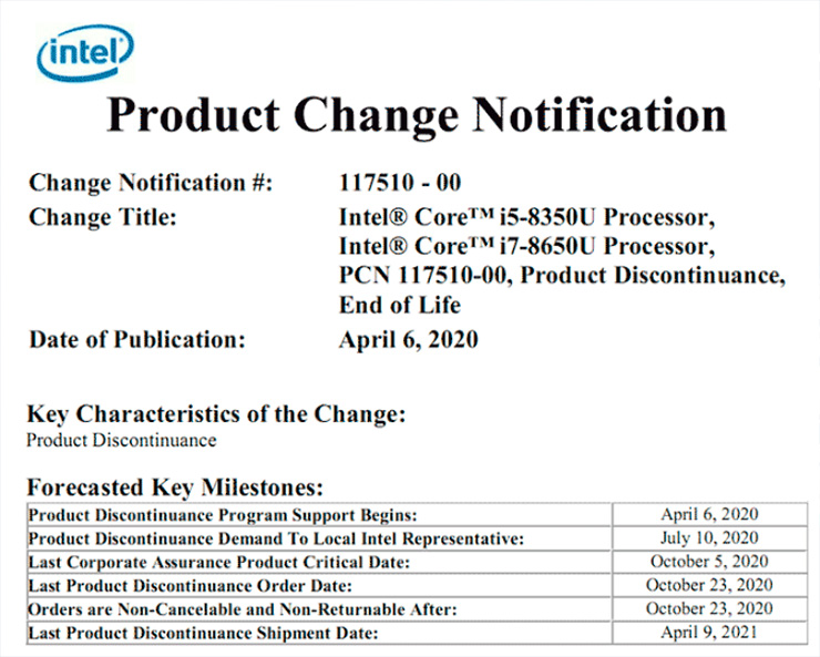 Intel снимет с производства процессоры Kaby Lake-U Refresh 8-ого поколения