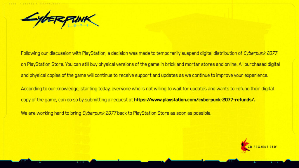 Продажи Cyberpunk 2077 приостановлены в PlayStation Store