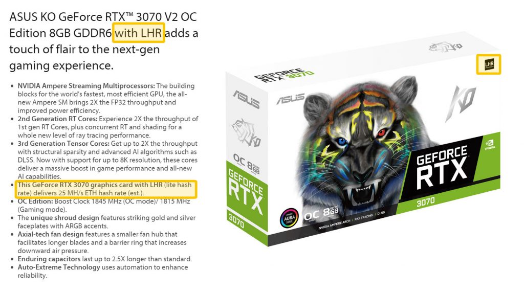 ASUS выпустила видеокарты GeForce RTX 3070 с технологией Lite Hash Rate
