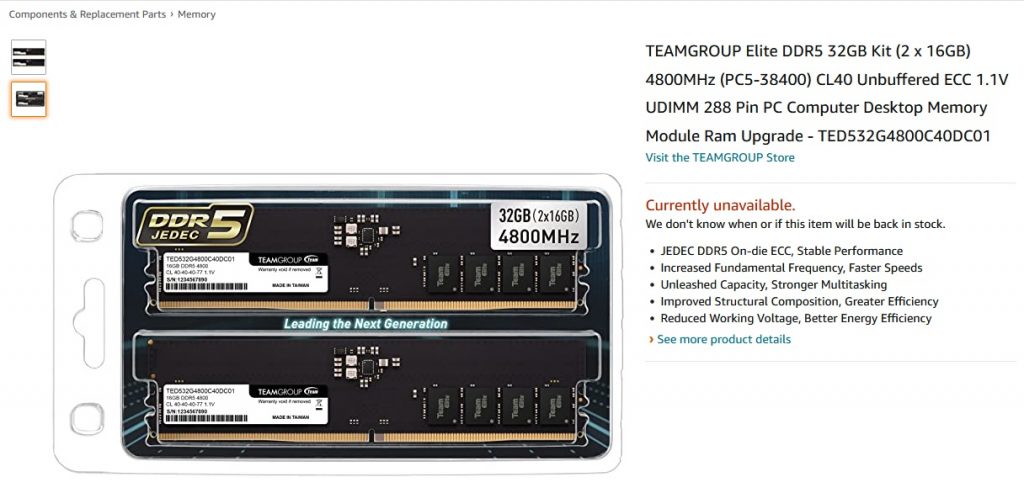 В продажу поступила первая оперативная память TeamGroup Elite DDR5-4800 32GB