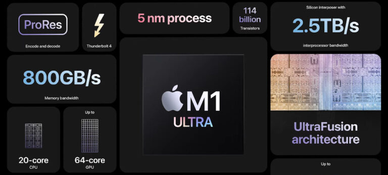 Apple представила мощнейший чип M1 Ultra с 20-ядерным процессором и 64-ядерной графикой