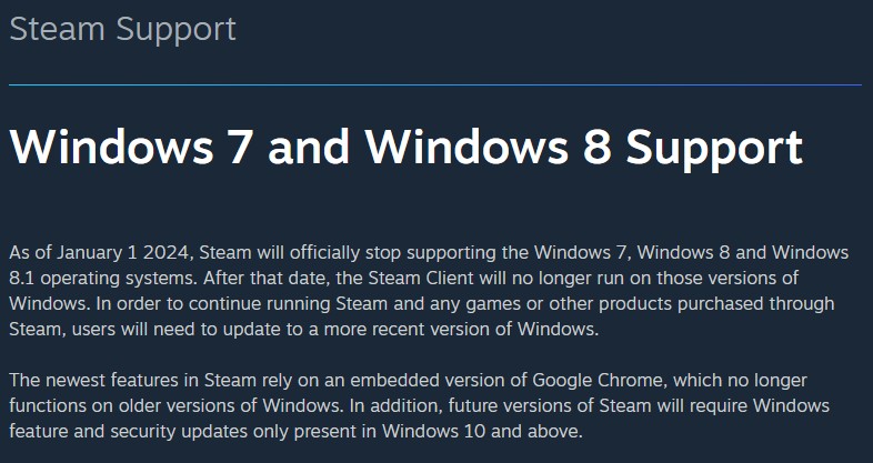 Steam перестанет поддерживать Windows 7 и Windows 8 в конце 2023 года